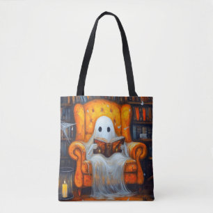 The Bookish Ghost Cosy Halloween Library Scene Tote Bag