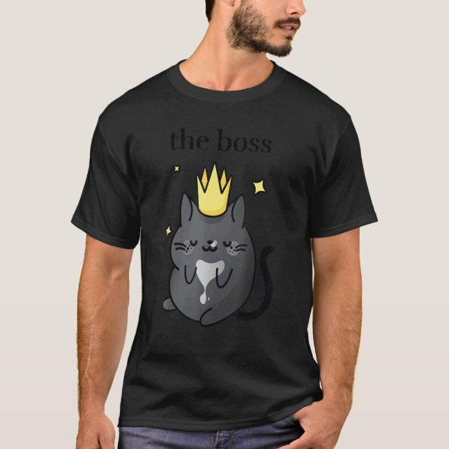 The Boss   Black Tuxedo Cat with Crown  Cozy Cat   T-Shirt (Front)