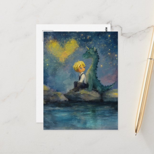 The Boy and His Dragon at the Pond Postcard (Front/Back In Situ)