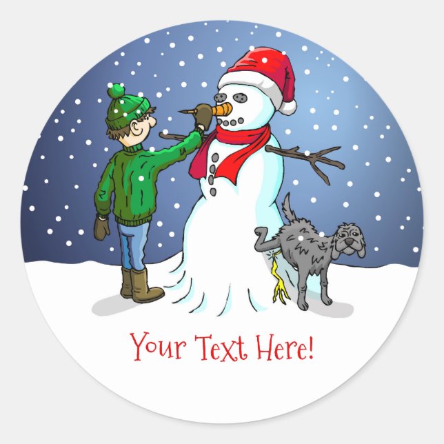 The boy makes a wonderful snowman classic round sticker (Front)
