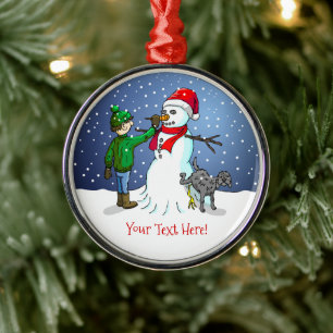 The boy makes a wonderful snowman metal ornament