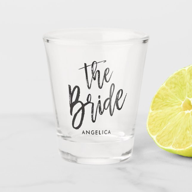The Bride | Black Script Style Shot Glass (Front)