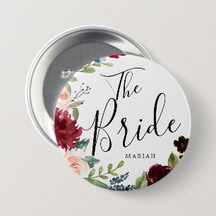 The Bride Burgundy Bouquet Custom Name Wedding 7.5 Cm Round Badge