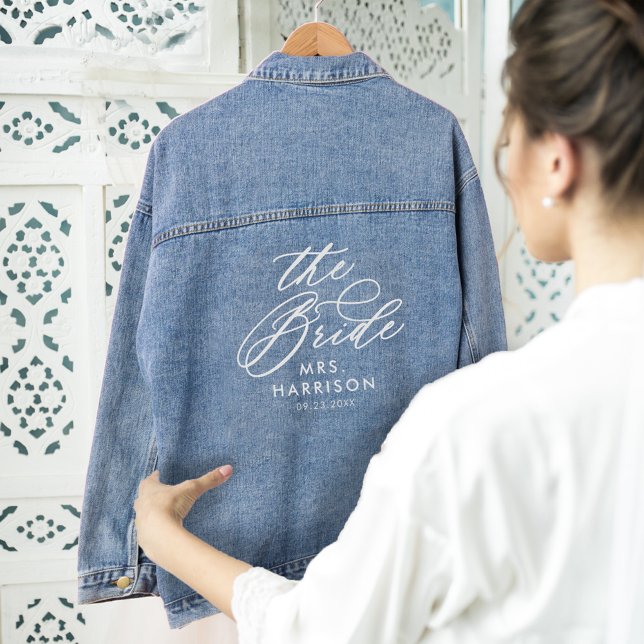 The Bride Elegant Script Brides Name Wedding Date Denim Jacket (The Bride Elegant Script Brides Name Wedding Date Denim Jacket)