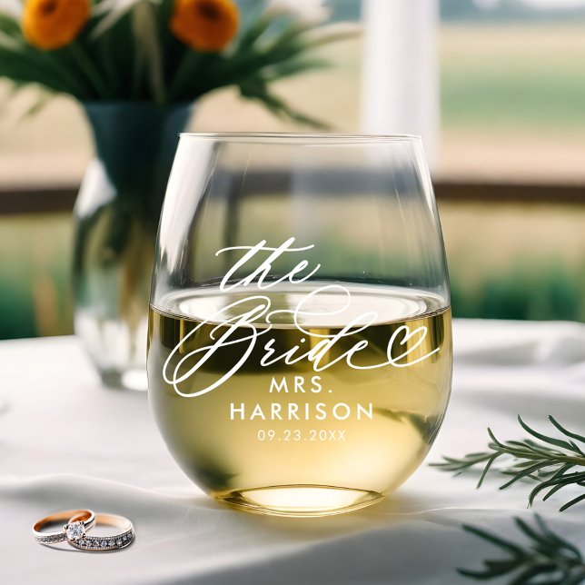 The Bride Elegant Script Brides Name Wedding Date Stemless Wine Glass (The Bride Elegant Script Brides Name Wedding Date Stemless Wine Glass)