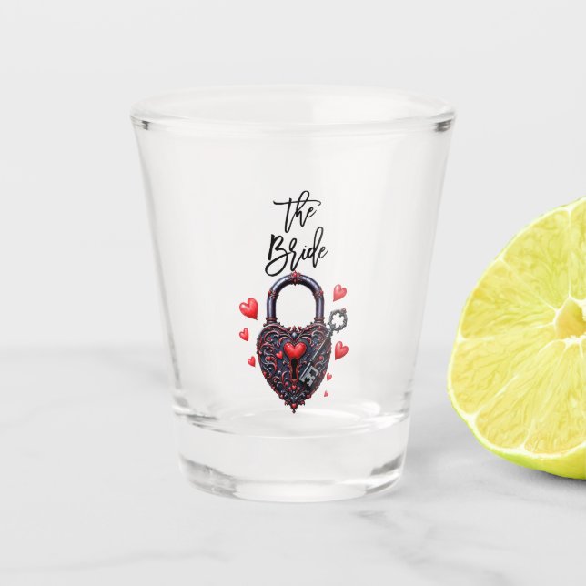 The Bride Goth Heart Lock and Key Shot Glass (Front)