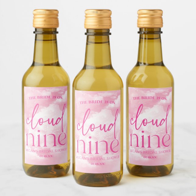 The Bride Is On Cloud Nine Pink Bridal Shower Wine Label (Bottles)