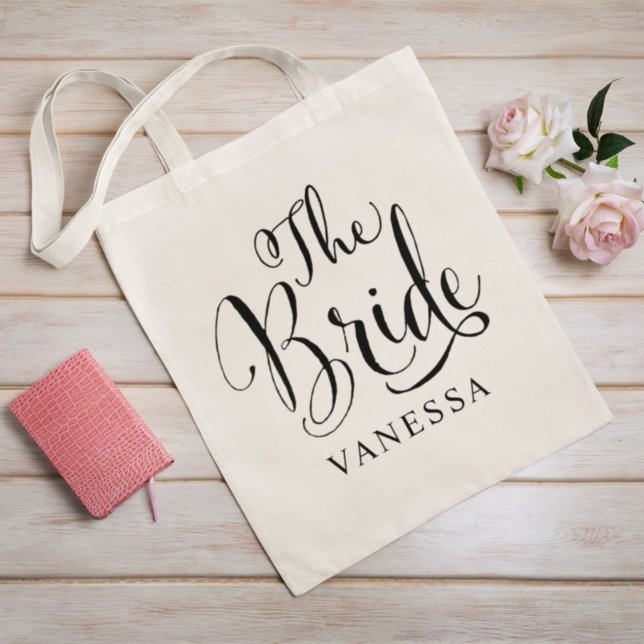The Bride Personalised Black Script Wedding Tote Bag (Creator Uploaded)