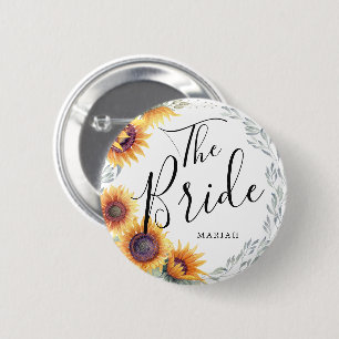 The Bride Sunflower Florals Custom Name Wedding 6 Cm Round Badge
