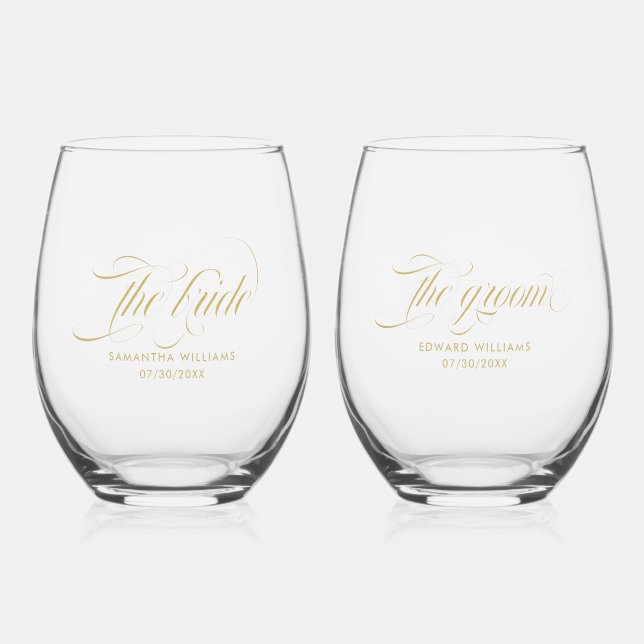 The bride The Groom Elegant Gold Script Typography Stemless Wine Glass (Front)