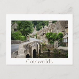 The bridge in Castle Combe, UK text postcard