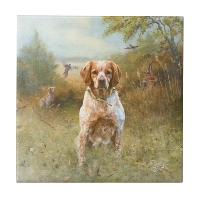 The Brittany Spaniels,  French Brittany, Bird dog, Ceramic Tile (Front)