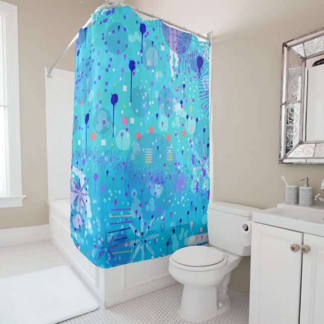 The Bubble Machine: Blue Abstract Art  Shower Curtain (In Situ)