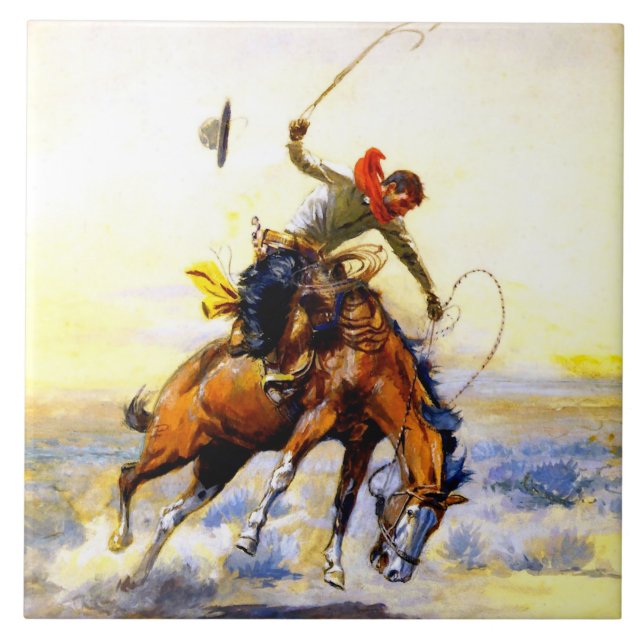 “The Bucker” Western Art by Charles M Russell Ceramic Tile (Front)