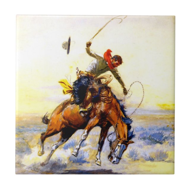 “The Bucker” Western Art by Charles M Russell Ceramic Tile (Front)