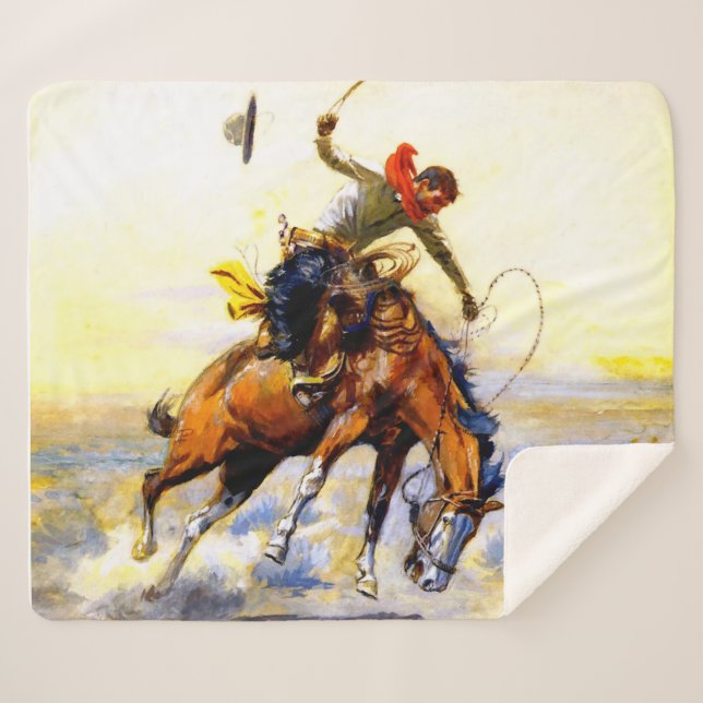 “The Bucker” Western Art by Charles M Russell Sherpa Blanket (Front (Horizontal))