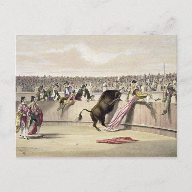 The Bull Leaping the Barriers, 1865 (colour litho) Postcard (Front)