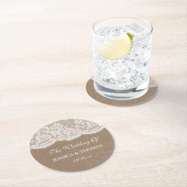 The Burlap & Lace Wedding Collection Round Paper Coaster (Insitu)