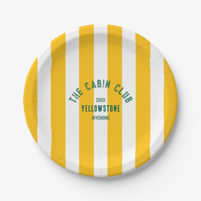 The Cabin Club Custom Crest Yellow Park Stripe Paper Plate (Front)