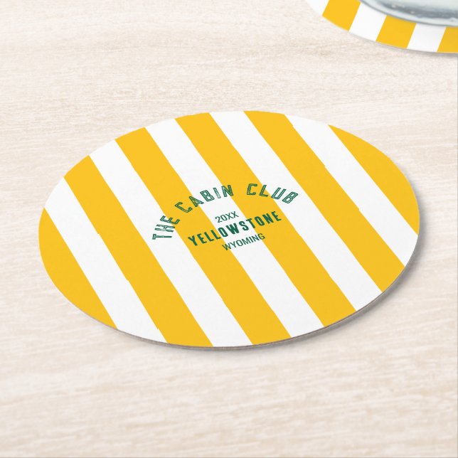 The Cabin Club Custom Crest Yellow Park Stripe Round Paper Coaster (Angled)