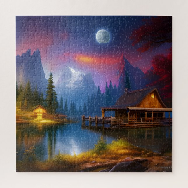 The Cabin in the Cove under the Moon Jigsaw Puzzle (Vertical)