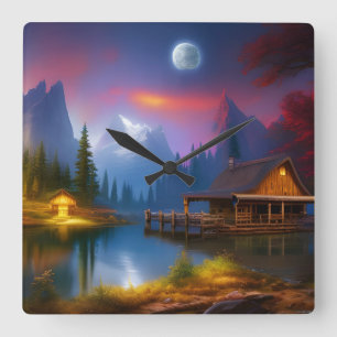 The Cabin in the Cove under the Moon   Square Wall Clock