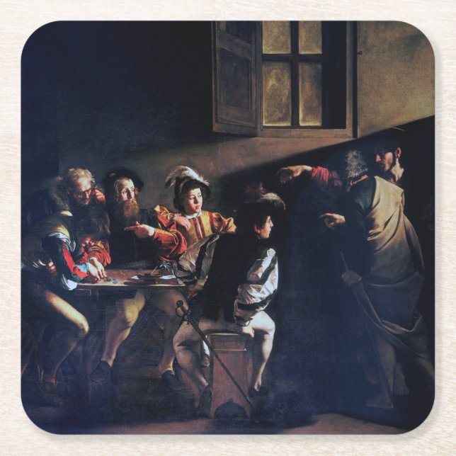 The Calling of Saint Matthew, Caravaggio Square Paper Coaster (Front)