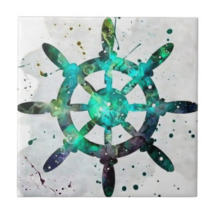 The Captain's Wheel In Blue Green Ocean Colours Ceramic Tile