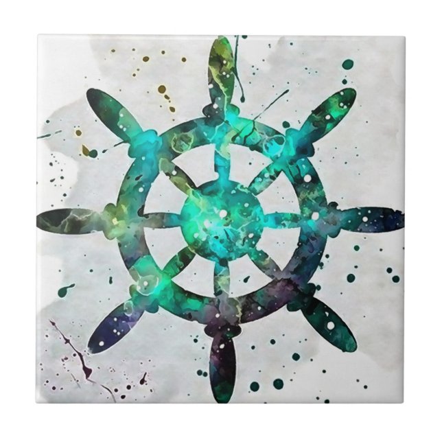 The Captain's Wheel In Blue Green Ocean Colours Ceramic Tile (Front)