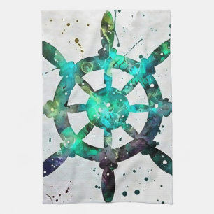 The Captain's Wheel In Blue Green Ocean Colours Tea Towel