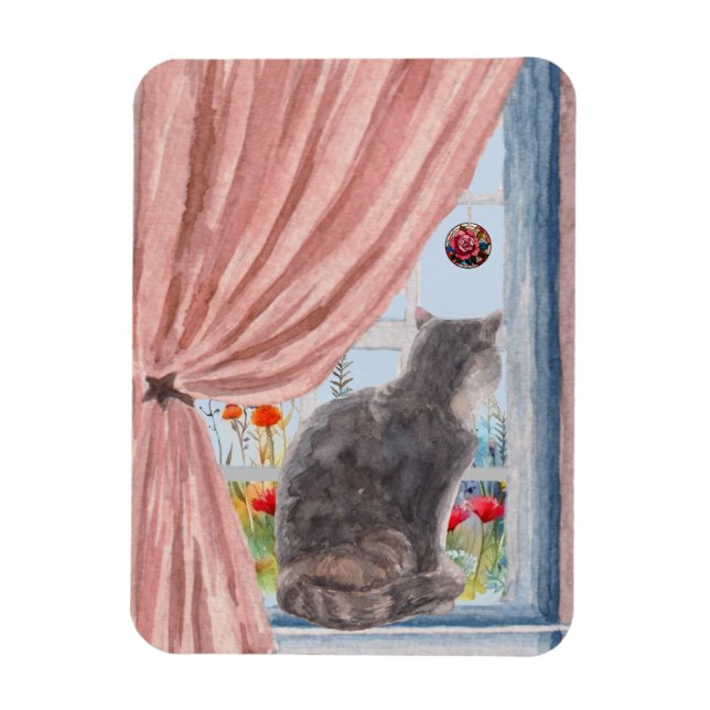 The Cat at the Window Scenic Serene Flowers Magnet (Vertical)