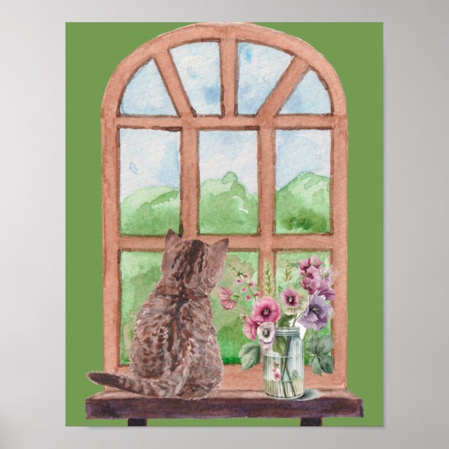 The Cat at the Window Scenic Serene Flowers Poster (Front)