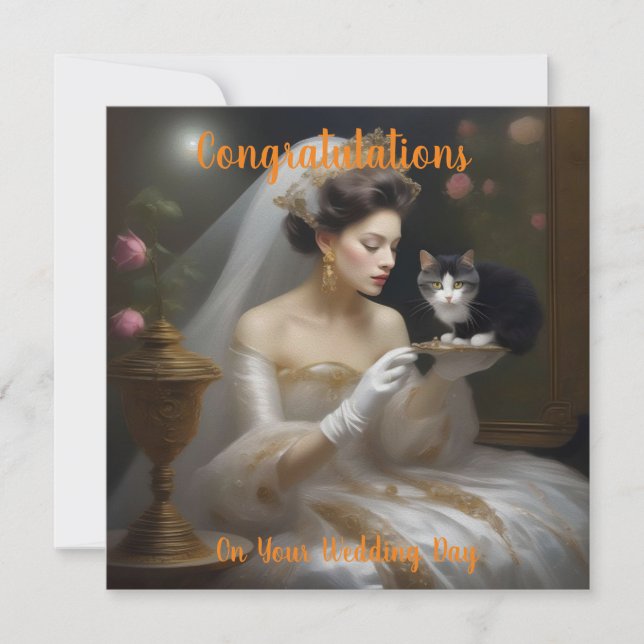 The Cat Bride Oil Paint, Flat Wedding Card (Front)