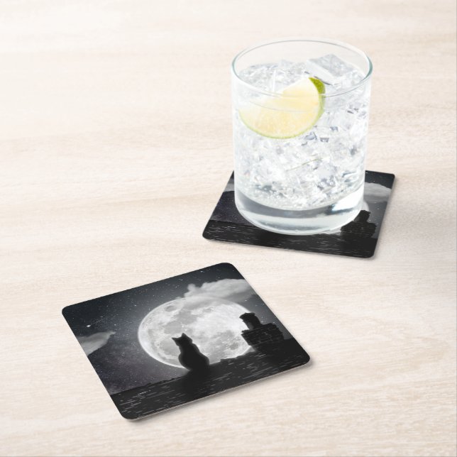 The cat dreams of the moon square paper coaster (Insitu)