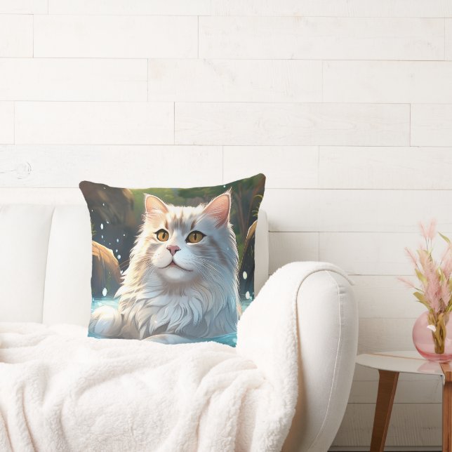 The Cat Enjoing a Hot Spring - Throw Pillow (Couch)