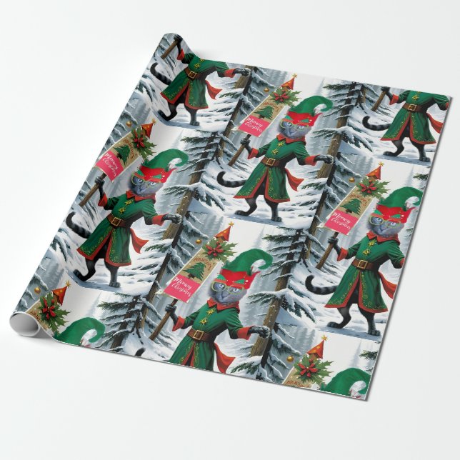 The Cat forest Elf Merry christmas wrapping paper  (Unrolled)