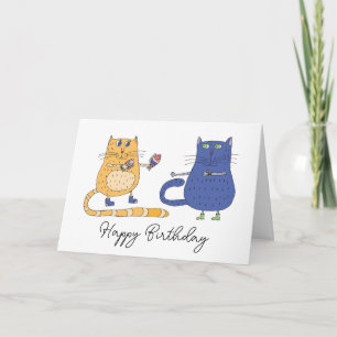 The cat gives the cat a fish for his birthday card