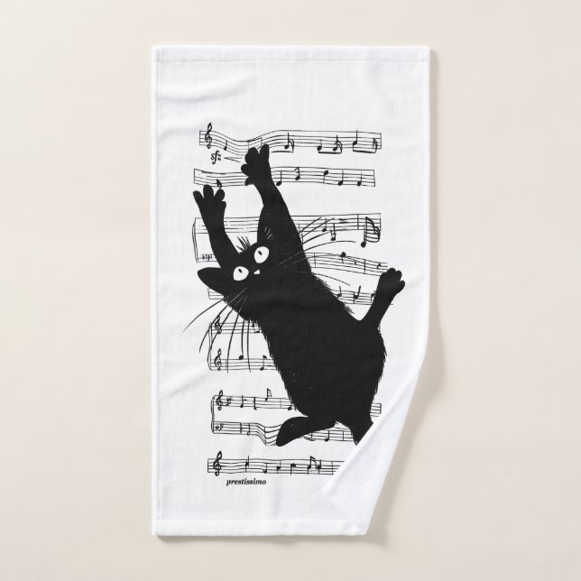 The cat hangs on musical notes bath towel set (Hand Towel)
