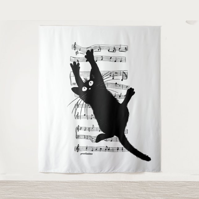 The cat hangs on musical notes tapestry (Front)