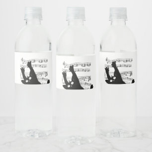 The cat hangs on musical notes water bottle label