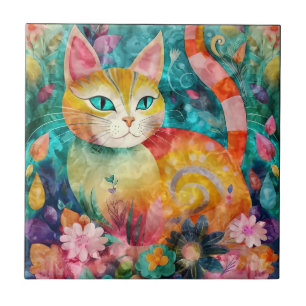 The Cat with Striking Green Eyes in Flower Garden Ceramic Tile