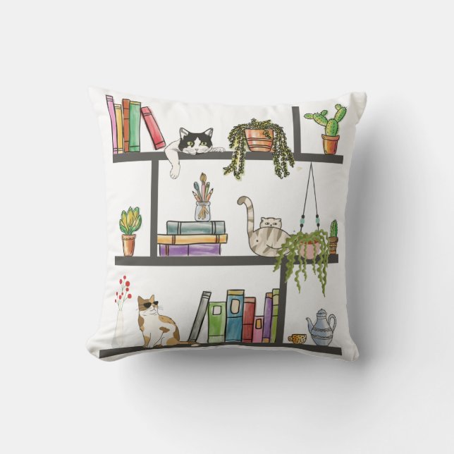 The Cats Lying on a Bookshelf, Cat and Books Cushion (Front)