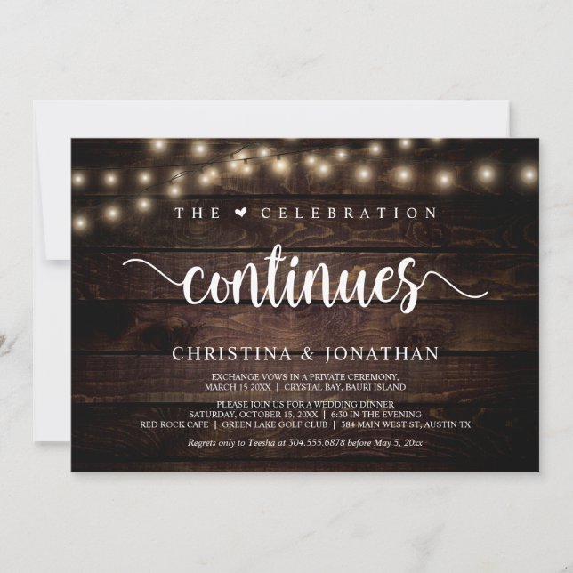 The celebration continues Rustic Wedding Elopement Invitation (Front)