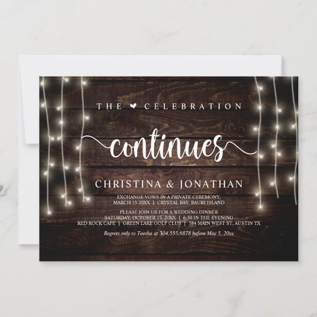 The celebration continues Rustic Wedding Elopement Invitation (Front)