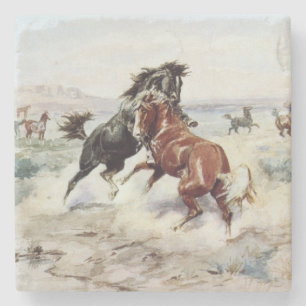 The Challenge (Male Horses Fighting) Stone Coaster