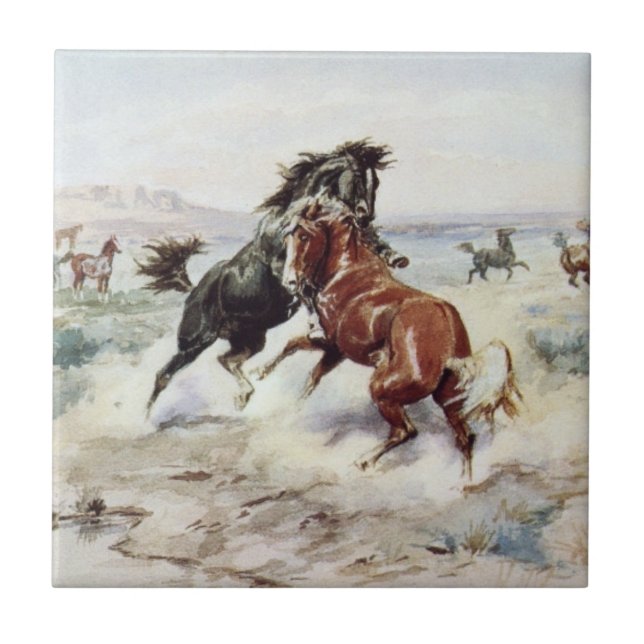 The Challenge (Stallions Fighting) Ceramic Tile (Front)