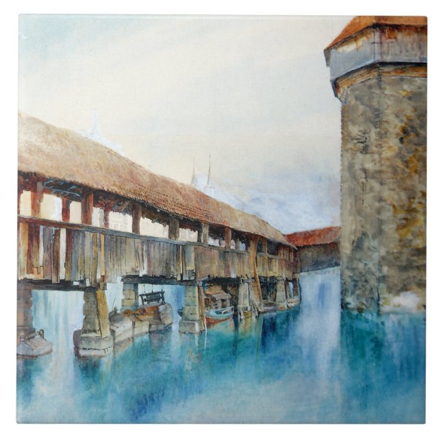 The Chapel Bridge in Lucerne (Switzerland) Ceramic Tile (Front)