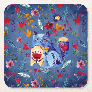 The Cheeky Cat in Flower Garden Square Paper Coaster