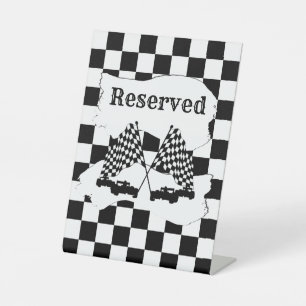 The Chequered Flag and Race Cars Reserved Pedestal Sign