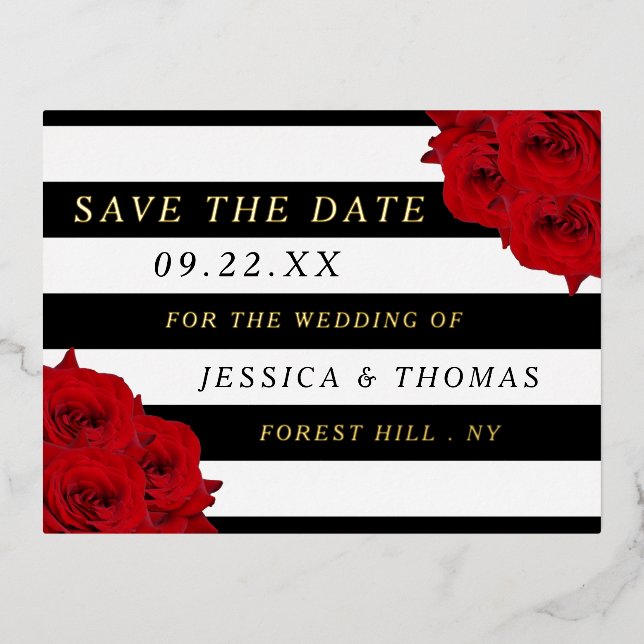 The Chic Modern Luxe Wedding Collection- Red Roses Foil Invitation Postcard (Front)